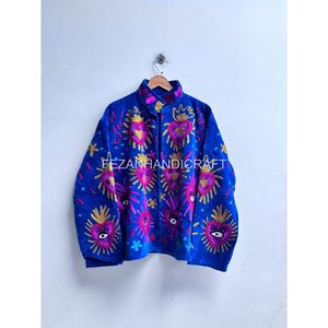 Blouson en velours brodé pour femme, bleu, manches longues, col montant, tenue d'automne, motif artisanal - Product Image 1