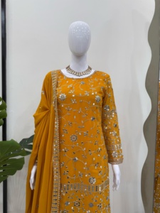 Modern Heavy Foux Georgette Fancy Embroidery Quick Dry Work Plazzo <b>Kurti</b> Dupatta Set Women Wedding Casual Wear Plus Size Salwar - Product Image 5