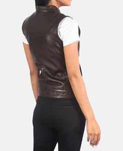 Chaleco de moto para mujer, ligero, con relleno de poliéster, de cuero PU marrón, con cuello mandarín y bolsillos, sin mangas, longitud regular, 220g - Product Image 3