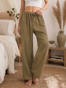 Women's Mid Waist Wide Leg Corduroy <b>Pants</b> 100% Cotton Loose Fit Drawstring Solid Color With Pockets Casual Style - Product Image 3