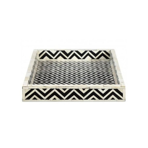 Plateau de service artisanal en nacre, motif chevron noir et blanc, plateau décoratif pour table basse ou ottoman, vente en gros, logo personnalisé - Product Image 1