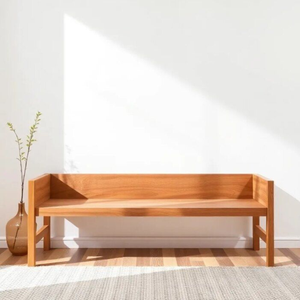 Modern entryway solid teak <b>wood</b> <b>bench</b> with a decorative vase on a stylish rug and hardwood floor - Product Image 1