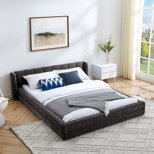 Letto matrimoniale imbottito con testiera in tessuto ciniglia spesso e piattaforma in legno massello - Product Image 1