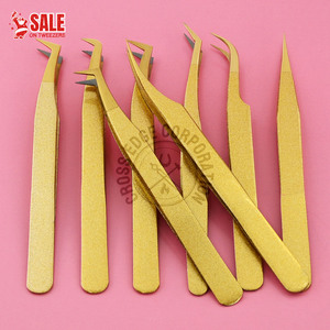 Pince à épiler à pointe en fibre de couleur or pailleté de marque privée Logo personnalisé Volume de pointe en fibre dorée Extension de cils Pince à épiler à pointe en fibre - Product Image 1