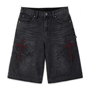 Gothic Cross Denim Jorts Light Wash Black Baggy Y2K Streetwear Summer Woven Mid Waist <b>Red</b> Embroidery Low MOQ Wholesale - Product Image 2