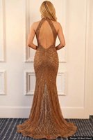 Robe de soirée de luxe Dubaï, col halter perlé, ornée de cristaux et de paillettes, longueur ras du sol, coupe trompette/sirène, traîne balayante, 100% polyester, écologique