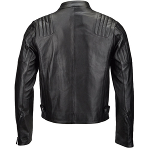 Men's Black Genuine Leather Moto Biker Jacket Stand Collar Zipper Closure Regular Sleeve Slim Fit Autumn Style - Product Image 5