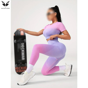 Elastic & Activewear Breathable Cotton T-Shirt And Leggings Set OEM ODM Service Workout <b>Crop</b> <b>Top</b> High Waisted Yoga Leggings Sets - Product Image 6