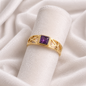Natural Amethyst Square Cut Ring Gold Tone Geometric Band Minimal Vintage Style Handmade Designer Jewelry Ring for Women - Product Image 6