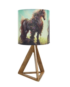 Industrial triangle wood <b>table</b> lamp forest horse print shade <b>rustic</b> dark burn finish <b>bedside</b> light for farmhouse or kids decor - Product Image 4