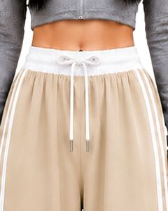 Pantalones Cargo de Pierna Ancha para Mujer, Color Beige Arena, Personalizados por el Fabricante, con Rayas Laterales Blancas, Cintura Alta, Corte Holgado, Estilo Casual Urbano - Product Image 5