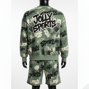 Ensemble sweat-shirt et short en molleton de coton mélangé premium 320 GSM pour homme, imprimé graphique olive, logo personnalisé - Product Image 2