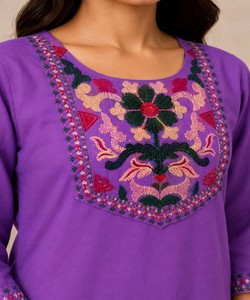 <b>Women</b> Purple Cotton Embroidered <b>Kurta</b> Pant Set Traditional Loose Fit Ankle Length Casual Wear India Pakistan Style 86722 AARVI - Product Image 3