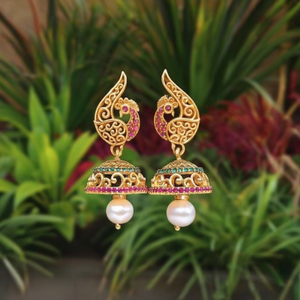 18K Gold Plated Zircon Pearl Drop Jhumka Earrings Classic Religious Geometric - Product Image 3