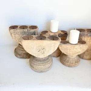 Vintage Wooden Hand Carved Multi Candle Holder Stand Rustic Farmhouse <b>Table</b> Decor Centerpiece for Living Room Bedroom Dining - Product Image 3
