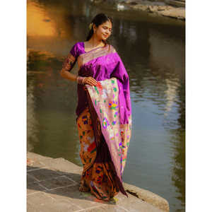 Saloni's <b>Purple</b> Paithani Silk <b>Saree</b> with Half Half Concept Big Border Zari Woven Indian & Pakistani Clothing 700g - Product Image 2