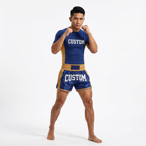 ชุดกางเกงมวยไทยแบบกำหนดเองพร้อมเสื้อรัดกล้ามเนื้อ ลายพิมพ์แบบรีดร้อน โพลีเอสเตอร์ 100% ยืดหยุ่น ระบายอากาศ แห้งเร็ว สำหรับ MMA มวยไทย คิกบ็อกซิ่ง - Product Image 6