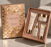 Kit de soins essentiels pour la peau Nexora, écologique, boîte rigide, design doré, revêtement UV, carton ondulé, cosmétique haut de gamme