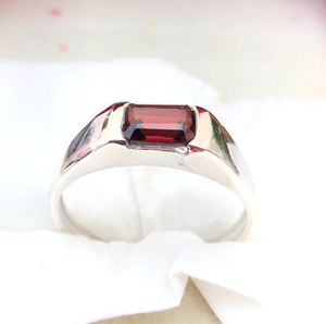 Garnet Men's Unisex Sterling <b>Silver</b> 14k Gold Plated <b>Emerald</b> Cut Red Gemstone Engagement Anniversary Wedding Luxury <b>Ring</b> - Product Image 3