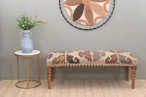 Handmade Modern Kilim Jute Rug <b>Bench</b> Ottoman Turkish Inspired Upholstered <b>Wooden</b> Seat Bedroom Entryway Furniture Decor - Product Image 5