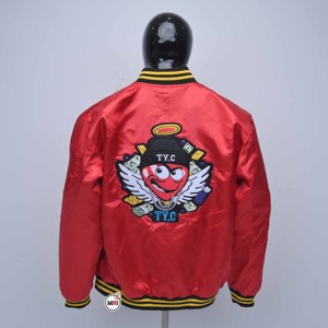 Chaqueta Varsity Roja de Satén para Hombre, Estilo Preppy, Cierre de Cremallera, Diseño con Letras Bordadas, Chaqueta Bomber de Poliéster para Otoño - Product Image 2