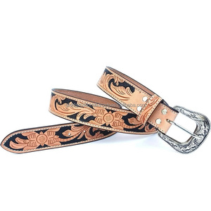 Finest Quality Real Top Grain Cowhide Western Leather <b>Tooling</b> Belt for Cowboy Designer Antique Plated Floral <b>Engraved</b> Buckle - Product Image 5