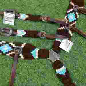 Juego de cabezada de mohair negro y azul cielo decorado con cincha frontal a juego de 32 pulgadas con cuero argentino - Product Image 5