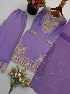 Womens Purple <b>Silk</b> Embroidered <b>Kurta</b> Palazzo Set With Sequins Work Dupatta Full Sleeve Party Wear Ready To Wear Ethnic Outfit - Product Image 5
