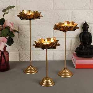 Golden Lotus Handmade Durable Eco-Friendly Iron Tea Light <b>Candle</b> <b>Stick</b> Holder Set of 3 for Religious Activities - Product Image 1
