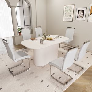 Set di 6 Sedie Senza Braccioli in Stile Moderno Medievale, in MDF e PU, Colore Crema, 63 Pollici Set da Pranzo in Metallo Placcato Argento da Assemblare per Sala da Pranzo - Product Image 2