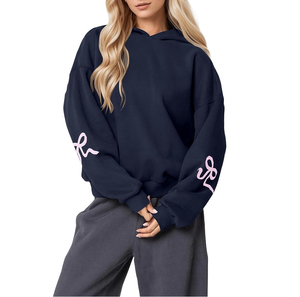 เสื้อฮู้ดโอเวอร์ไซส์สำหรับผู้หญิง PUFFIN SPORTS ผ้าฝ้าย 100% ลายปักโบว์ แขนยาวทรงหลวม สวมใส่ได้ในฤดูใบไม้ร่วง - Product Image 1