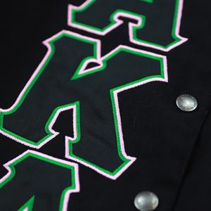 AKA Racing Twill Jacket Black Green Sorority Vrsity Jacket <b>Button</b> Up Women Stretwear Fashion Stylish Trendy Coat Ivy Leaf Design - Product Image 5