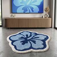 Premium Woll-Teppich mit Blauem Hibiskus-Blumenmuster, Handgetuftet, Rutschfest, Geometrisches Design für Wohnzimmer, Schlafzimmer und Heimdekoration
