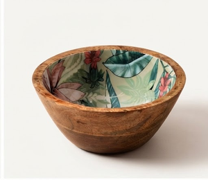Bol en bois de manguier émaillé fait main avec motif floral vert bohème, écologique et compatible lave-vaisselle, idéal pour servir et offrir - Product Image 3