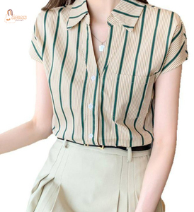 Camisa de Manga Corta a Rayas para Mujer, Cuello Camisero, Popelina, Blusa Informal, Primavera Verano, Corte Regular, 100% Algodón - Product Image 1