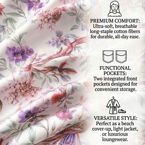 Kimono de algodón premium con estampado floral de pájaros, cuello en V, largo, con cinturón, para estar en casa, suave y transpirable. - Product Image 4