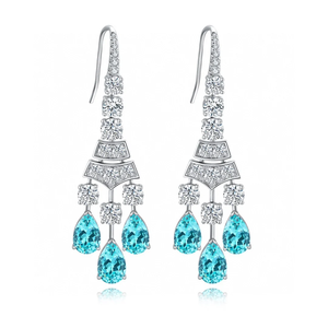 Pendientes de plata rodiada para mujer con diamantes blancos de talla brillante redonda y topacio azul pera, joyería de boda - Product Image 2