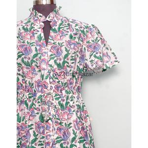 Robe trapèze bohème mini en pur coton doux pour femme, imprimé palmiers fait main, style minimaliste, décontractée, pour soirée, tenue de bureau formelle - Product Image 3