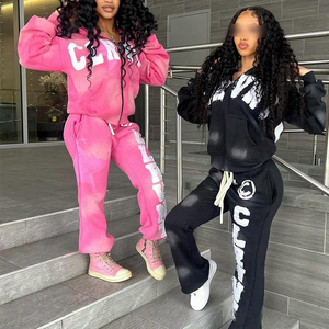Women's Custom Zip Up Acid Wash Tracksuit Distressed Applique <b>Embroidery</b> Hoodie Flared Sweatpants 2 Piece <b>Set</b> - Product Image 1