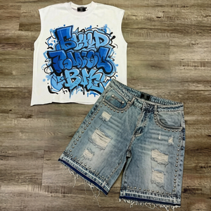 Camiseta sin mangas para hombre con estampado de grafiti azul, estilo urbano, cuello redondo, conjunto de camiseta muscular de algodón para verano - Product Image 3