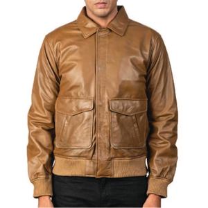 Chaqueta de aviador de cuero camel para hombre, abrigo de piel de oveja auténtica con cierre de cremallera y solapa con botones, camisa elegante - Product Image 2