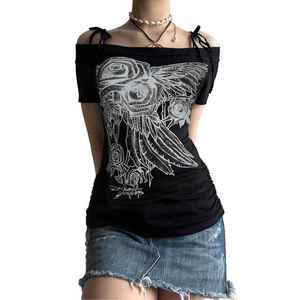 Custom Women Gothic Graphic Print Baby Tee Halter Cut Out Short Sleeve Slim Fit T Shirt Y2K Punk Dark Grunge Streetwear <b>Top</b> - Product Image 2