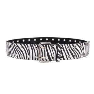 Factory Two-Row <b>Chains</b> <b>Waist</b> Belt Black and Beige Fur Zebra Pattern PU Leather with Durable Copper Buckle - Product Image 1