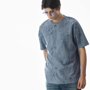เสื้อยืดโอเวอร์ไซส์สีฟ้าอ่อน ขาดเซอร์ๆ แบบวินเทจ แขนสั้น คอกลม สไตล์สตรีทแวร์ - Product Image 4