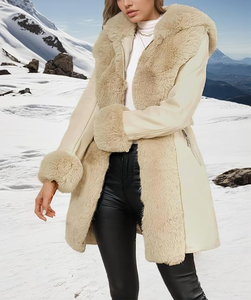 Abrigo de Piel Sintética para Mujer, Chaqueta de Invierno con Capucha y Cinturón, Elegante, Resistente al Viento, 100% Poliéster, Ropa Exterior Cálida - Product Image 4