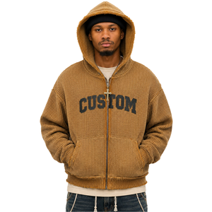 Sudadera con capucha y cremallera de punto gofrado personalizada para hombre, corte holgado, forro polar texturizado, estilo vintage desgastado con lavado ácido, chaqueta con cremallera para hombre OEM - Product Image 1