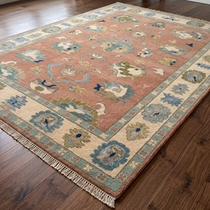 Tapis Oushak noué à la main, motif floral vintage rose, tapis traditionnel turc, laine faite à la main - Product Image 3