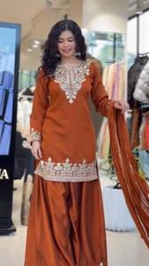 TENNECY Women's Orange Silk Salwar Kameez Embroidery Wedding Wear Traditional Indian Pakistani Outfit <b>Ankle</b>-Length Regular Fit - Product Image 3