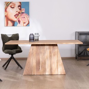 Table à manger design Elki en bois d'acacia, texture ivoire Vandana, 175 cm, avec piétement central sur colonne. - Product Image 1