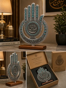 Sculpture artisanale en argent de la main de Hamsa avec incrustation de turquoise, pièce d'art décorative religieuse pour présentation sur table - Product Image 5